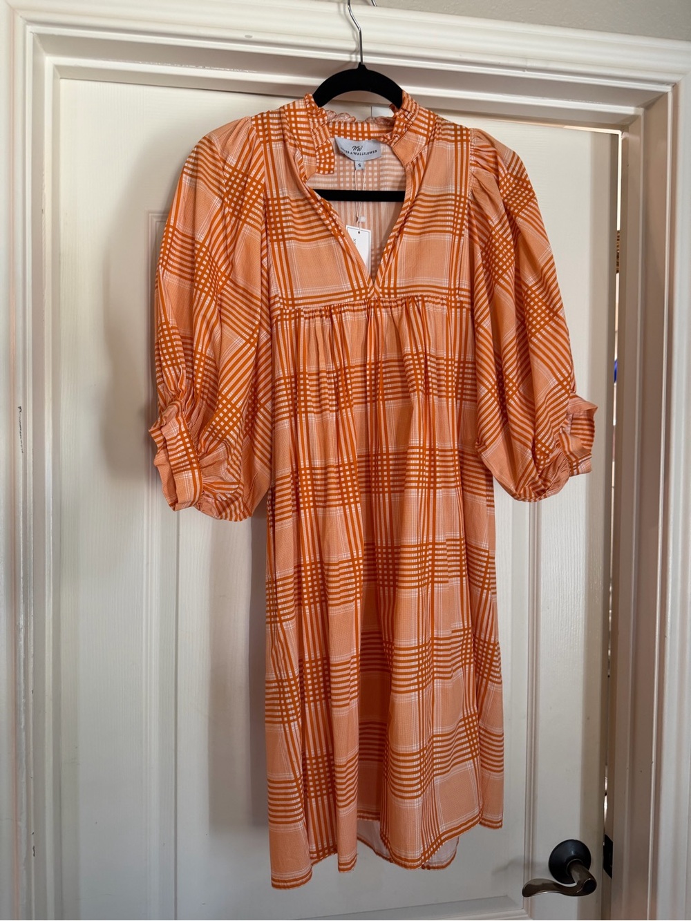 Never a Wallflower Plaid Puff-Sleeve Midi Dress in Orange